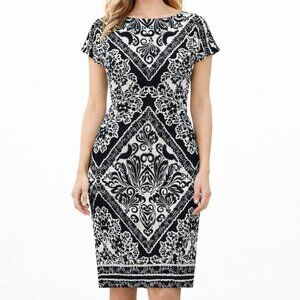 Maggy London Black White Sheath Midi Dress Cap Sleeves Size 6